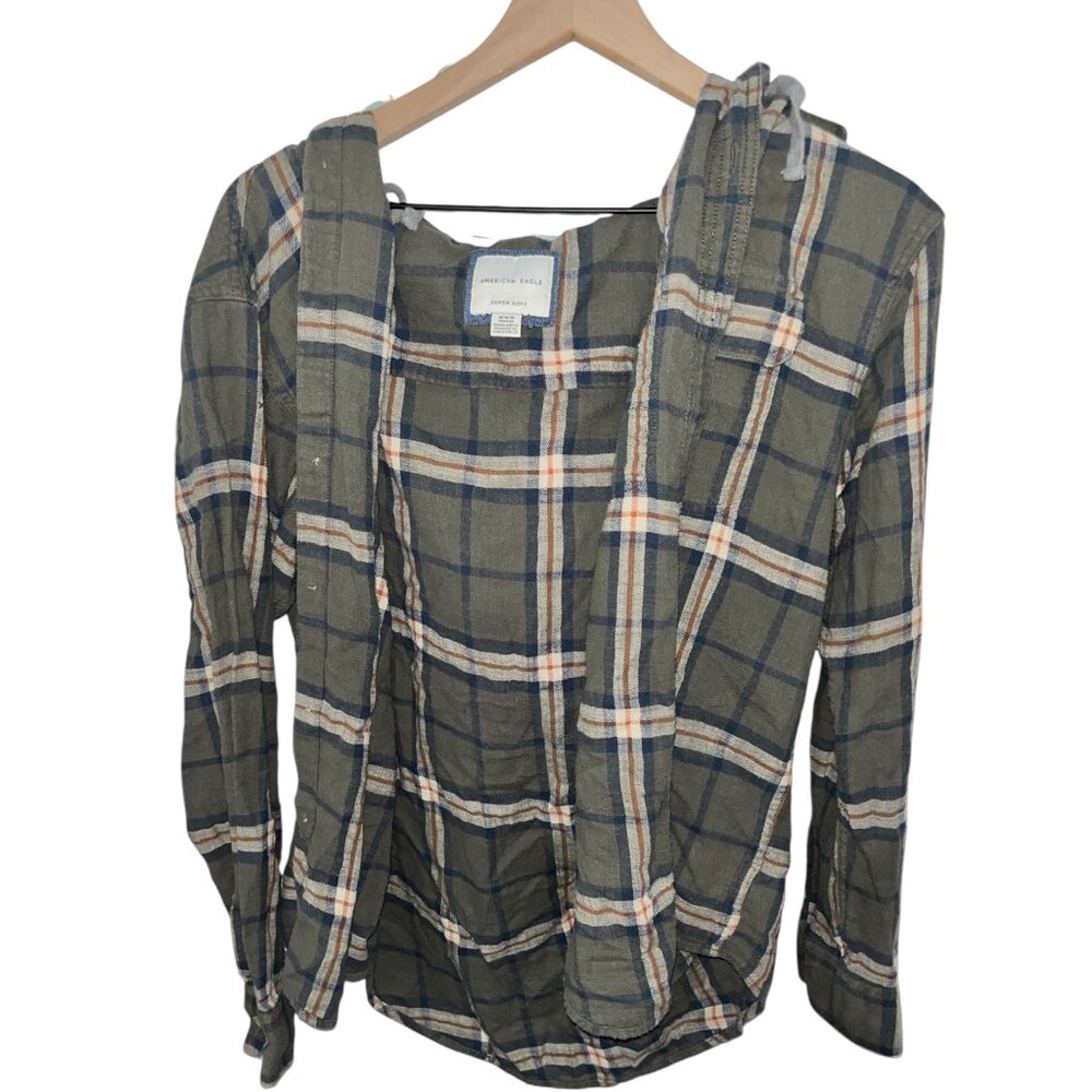 American Eagle “Super Soft” Hooded Flannel Jacket • Olive Plaid
